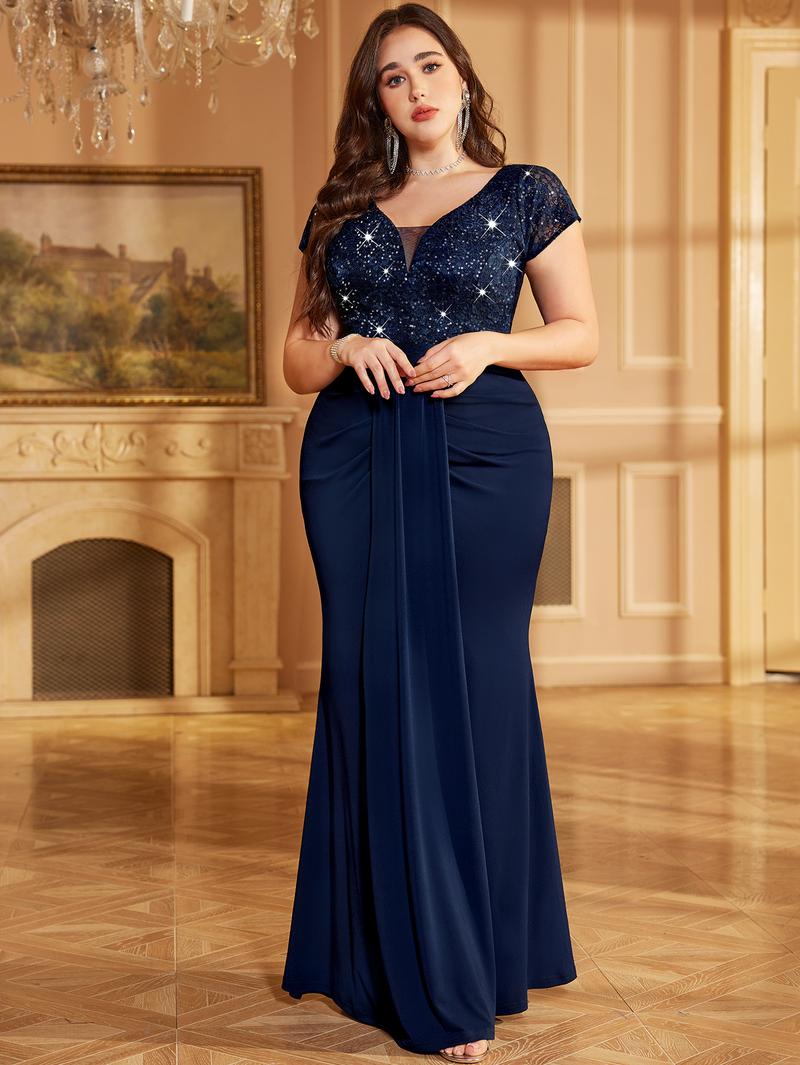 【Plus Size】Missmay P54514A Women's Plus Size Elegant Double V Neck Sequin Lace Contrast Ruched Bodycon Mermaid Hem Homecoming Brithday Wedding Guest Formal Party Maxi Dress