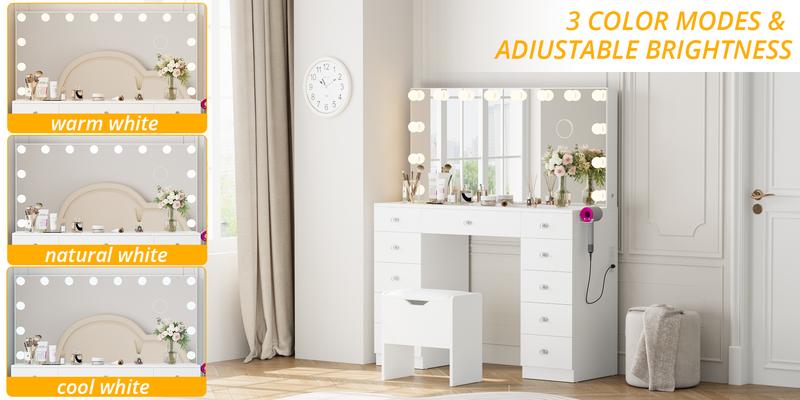 VOWNER Vanity with 10×Magnifying Mirror, With Glass Top & Power Outlet, 3 Color Light Options, 43" Vanity Table with 11 Drawers&Stool, Bedroom, White