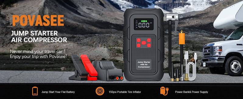 HPBS 24000mAh Power Bank Auto Battery Booster With Air Compressor 6000A 150PSI Fast Inflation 12V Portable Jump Starter for 10.0L Gas and 8.0L Diesel Engines