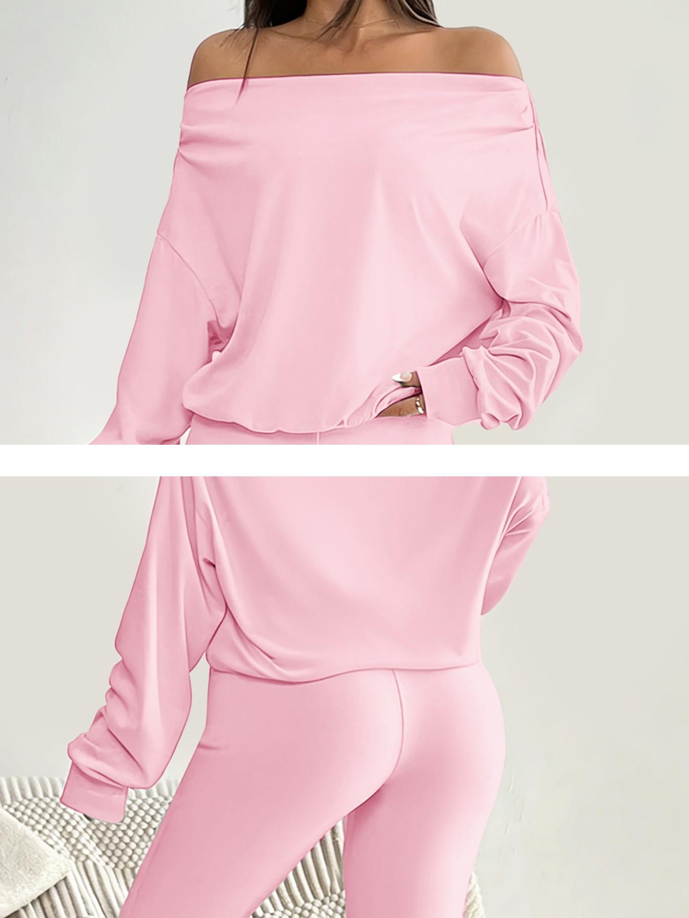 One Shoulder Long Sleeve Loose Crop Top and High Waisted Drawstring Skinny Vintage Bell Bottoms, Yoga Fitness Workout Gym Clothing, Fall & Winter