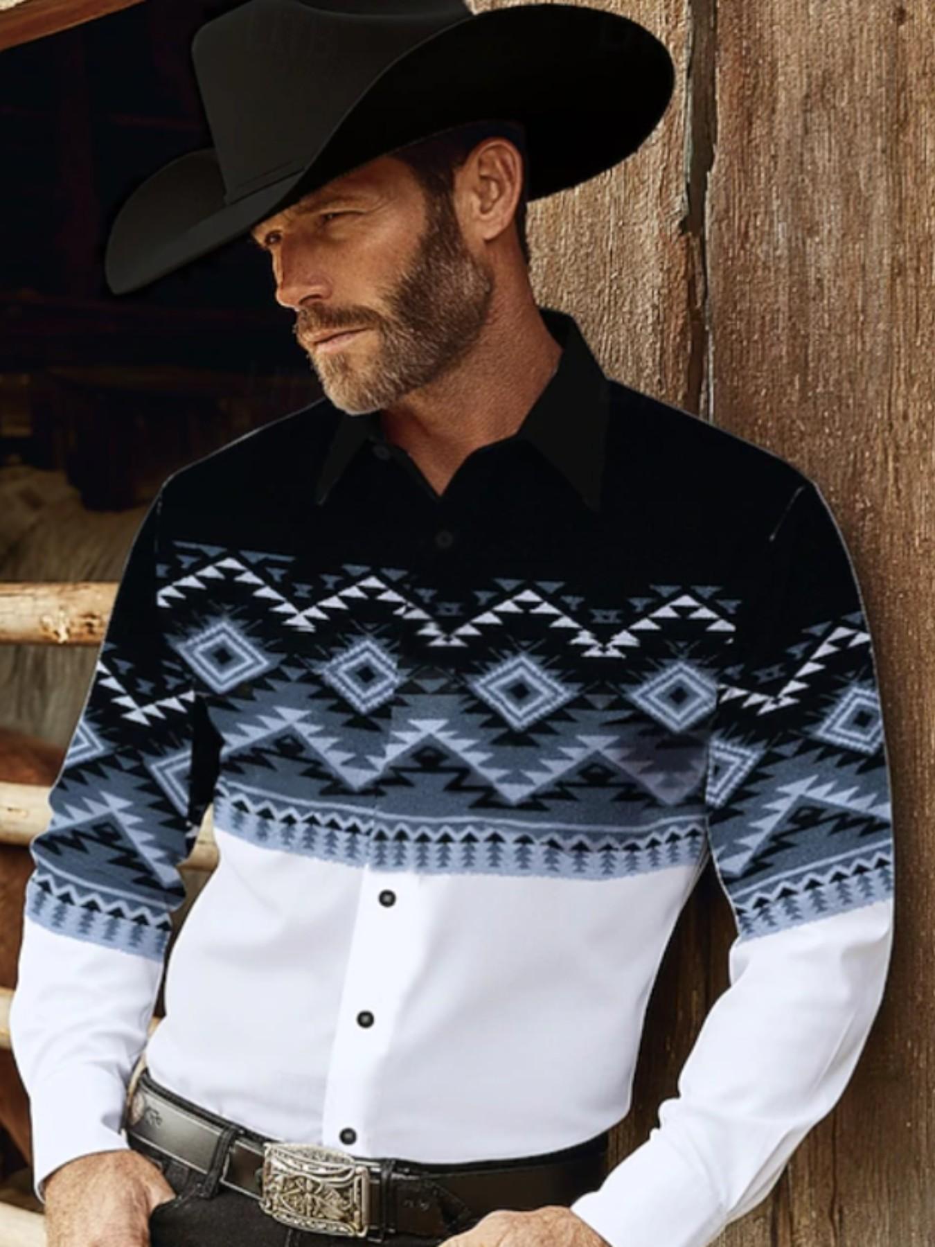 Men's Western Cowboy Style Navajo Geometric Print Long Sleeve Shirt, Vintage Patchwork Colorblock Casual Button Front Top