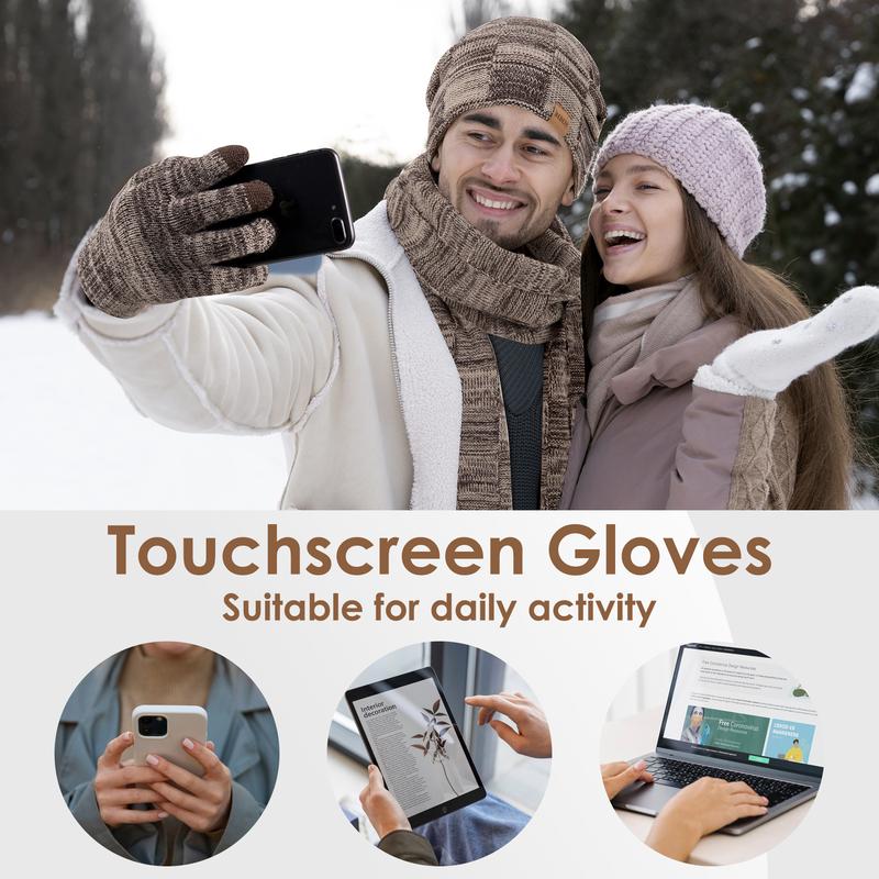 3PC Winter Beanie Scarf Gloves Set Warm Knit Hat with Fleece Lining Cozy Long Scarf and Touch screen Gloves