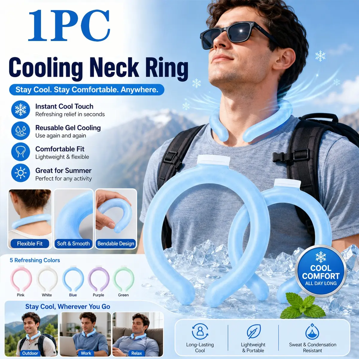 Cooling Neck Ring Summer Ice Neck Wrap, Portable Heat Relief Neck Cooler, Ideal for Outdoor Sports, Neck Ice Pack, 1pcs Cooling Accessory