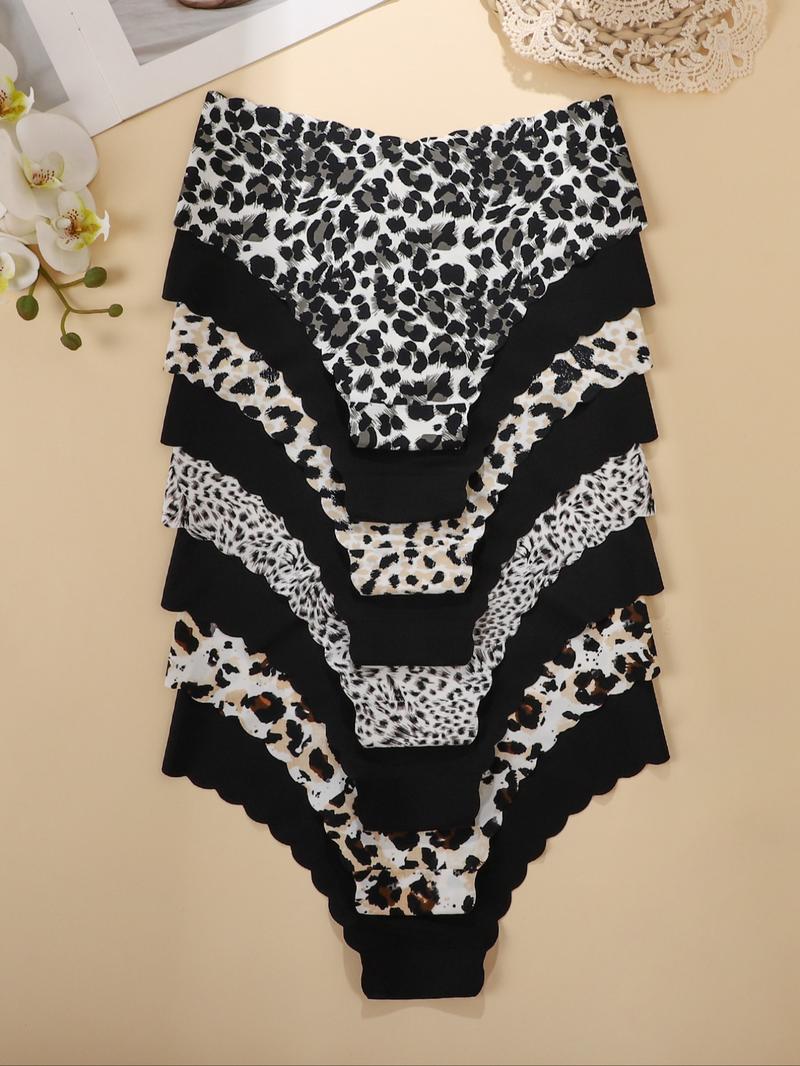 Women's Leopard Print & Solid Color Panties, Comfortable Seamless Briefs, V-Shaped Pull-Up Waistband, Floral Pattern