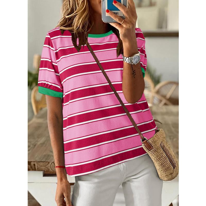 Women's Casual Striped Color Block T-Shirt - Round Neck Loose Fit Rainbow Patchwork Top Spring New Fashion Summer Pink