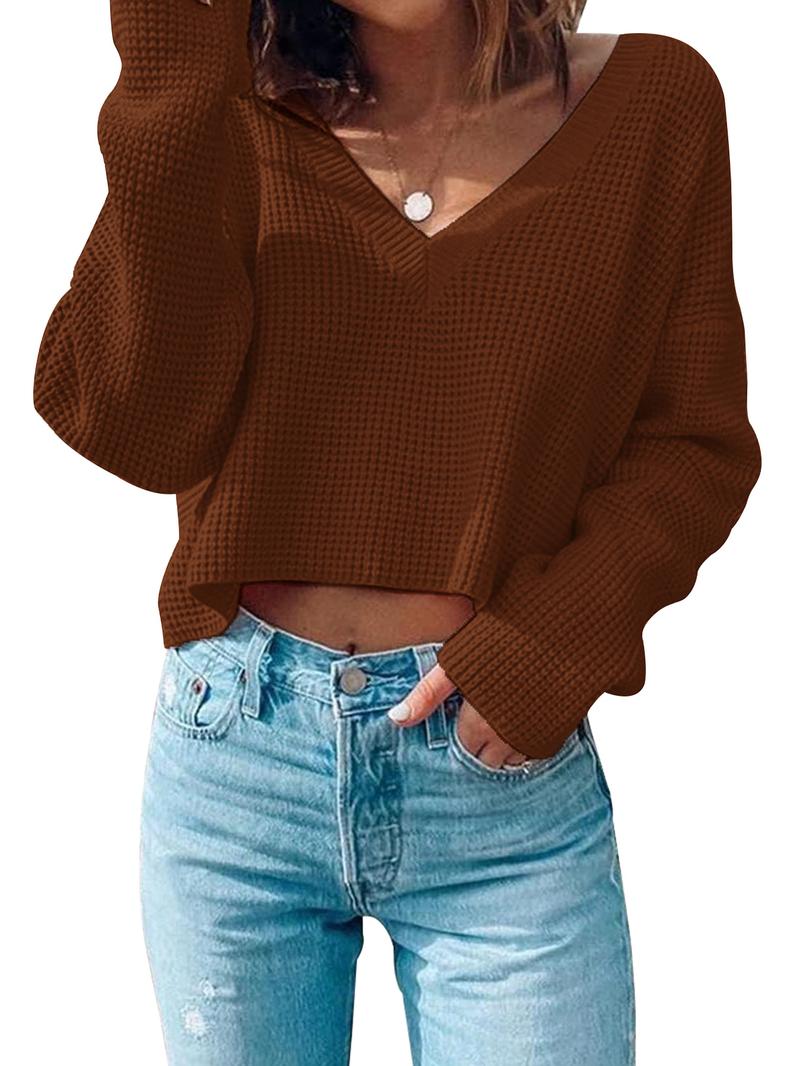 Women's Textured Drop Shoulder Crop Sweater, Basic Soft Casual Long Sleeve Deep V Neck Jumper for Fall & Winter, Women's Knitwear Top for Daily Wear