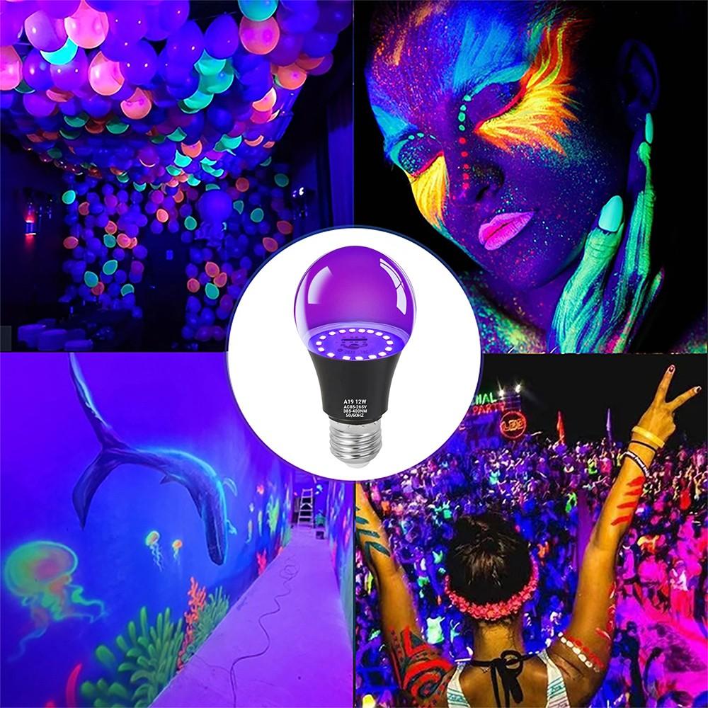 1/2 Pack Kasotile LED Black Light Bulbs, Halloween 12W A19 Blacklight, 100 Watt Equivalent, UVA Level 385-400nm Wavelength, Glow in The Dark for Body Art Paint, Fluorescent Poster, Neon Glow Party
