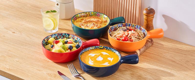 vancasso Soup Bowls with Handles, 23 Oz French Onion Soup Bowls Oven Safe, Bohemian Ceramic Soup Crocks for Cereal, Pasta, Beef Stew, Chilli, Microwave Dishwasher Safe-6.2 inch, Set of 4