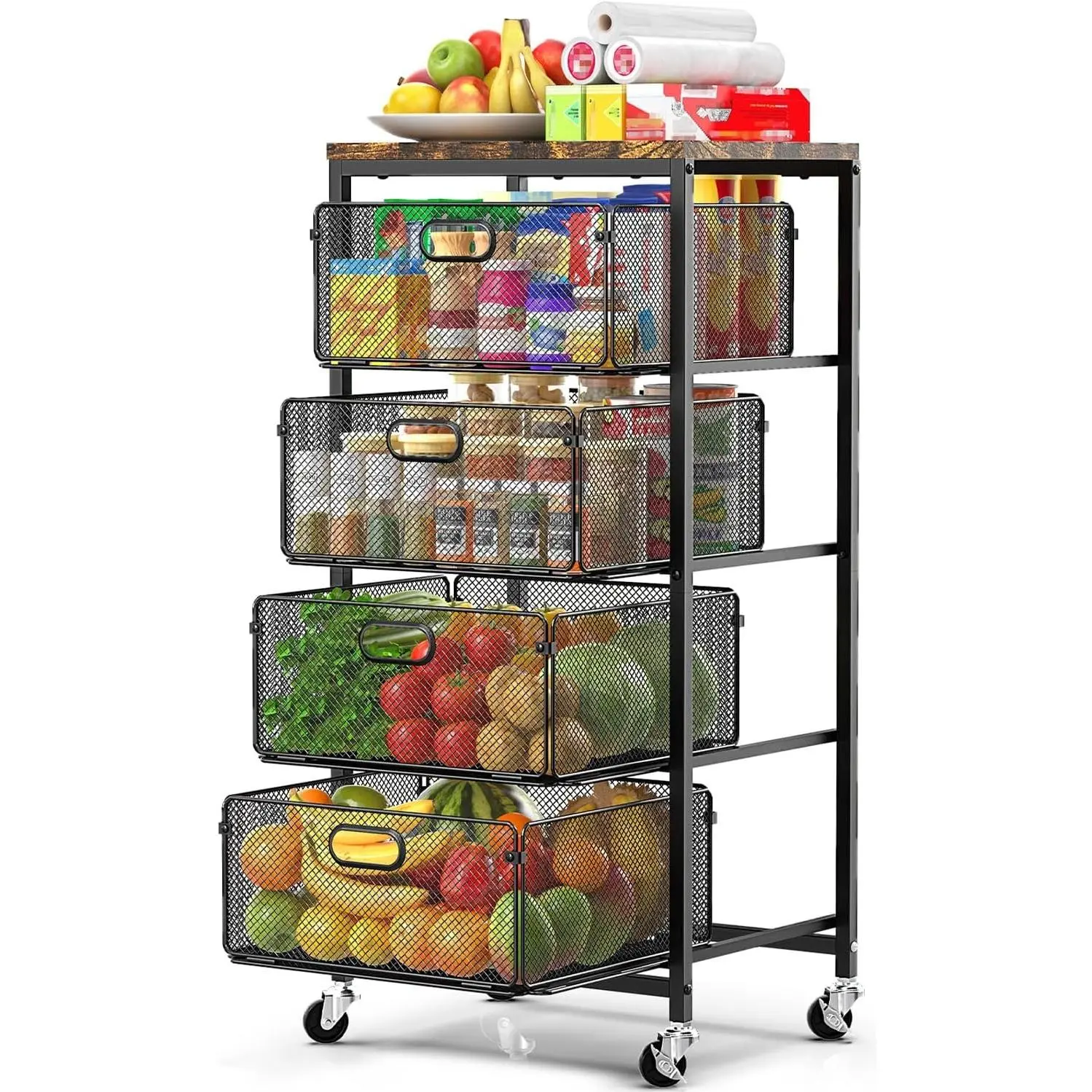 Kitchen Storage Cart with Drawers,Metal Snack Cart Organizer,Black