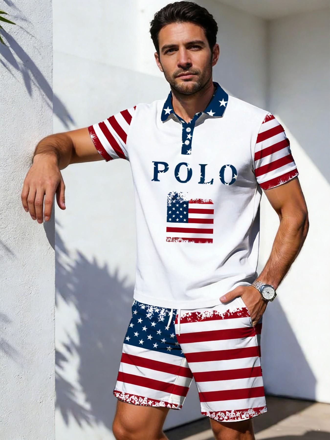 Independence Day Polo Letter Theme Men's Polo Shirt, Star-Spangled Flag Print, Casual Two-Piece Set, Short Sleeve, Loose-Fit Tee and Shorts