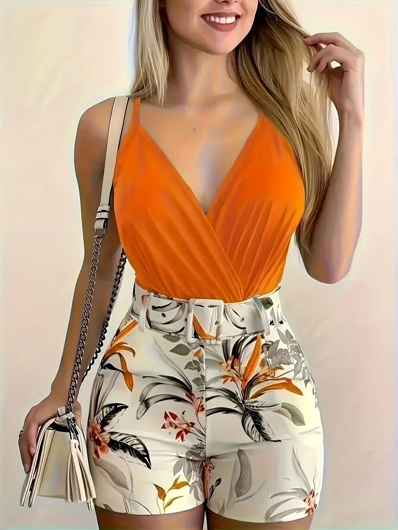 Women's V Neck Sleeveless Top & Plant Print Shorts Set with Belt, Summer Matching Set, Summer Tropical Floral Outfit, Perfect for Vacation, Beach and Casual Daily Wear, High Waist Fitted Design Women's V Neck Sleeveless Top & Plant Print Shorts Set with Belt, Summer Matching Set, Summer Tropical Floral Outfit, Perfect for Vacation, Beach and Casual Daily Wear, High Waist Fitted Design