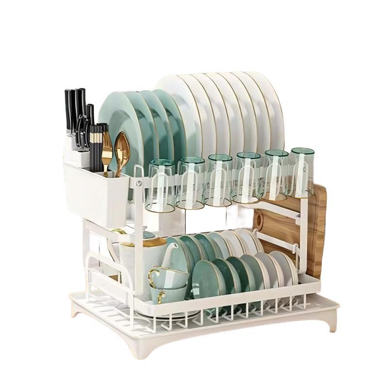 Thick Two-Layer Kitchen Drying Rack with Bottom Tray, Large Capacity Cutlery Drying Rack, Multi-Functional Storage Organizer for Kitchen