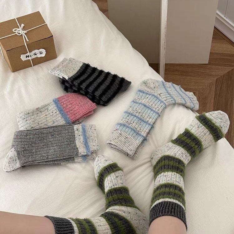 Women's 4PCS Slouch Fit Thick Wool Mid-Calf Socks - Korean Ins Style Color-Block Dot Thick Yarn Thermal Socks for Lady Autumn Winter Daily Wear (Sports & Outdoor Use)