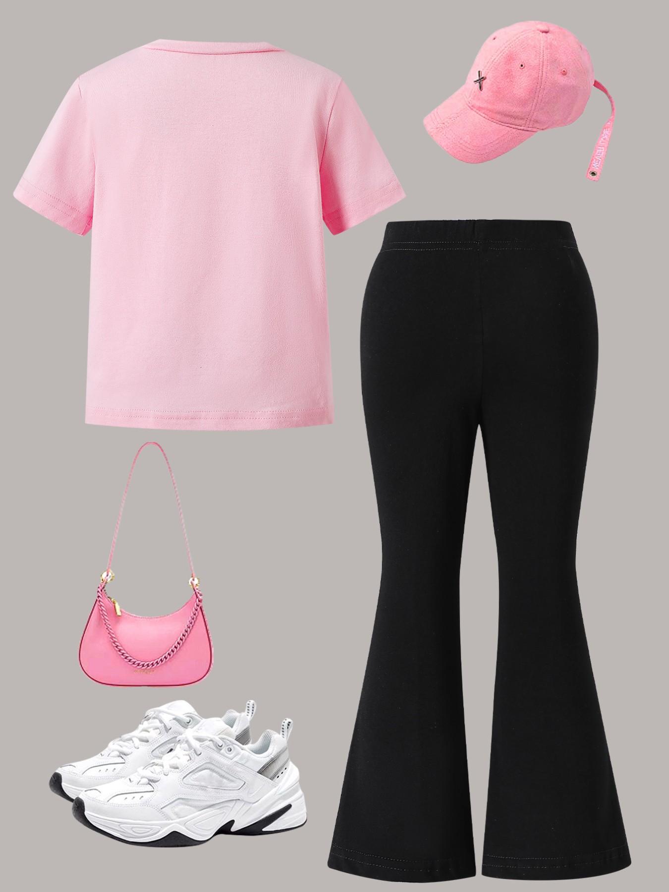 Girls' 2pc Set, 'six Seven' Print Tee & Bell Pants, Casual Short Sleeve Top, Comfortable Round Neck, All-Season Fashion