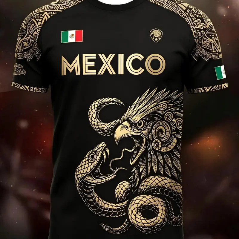Men's Mexican Themed Sports T-Shirt, Aztec Eagle & Snake Totem Short Sleeve Soccer Jersey, Quick-Dry & Breathable Fabric, Casual Slim-Fit Top, Mexico Soccer Shirt, Football Shirt, Football Athletic Shirt, Short Football Jerseys, Athletic Active Top