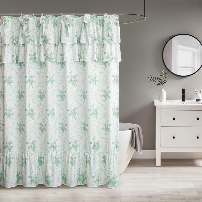 Floral Pattern Ruffle Shower Curtain Handcrafted Big Bow Tie Bath Curtain for Master Bathroom With 12 Hooks Shower Curtain For Bathrooms Waterproof Quick Drying Machine Washable Home Bathroom Decor Shower Curtain Sets for Bathroom