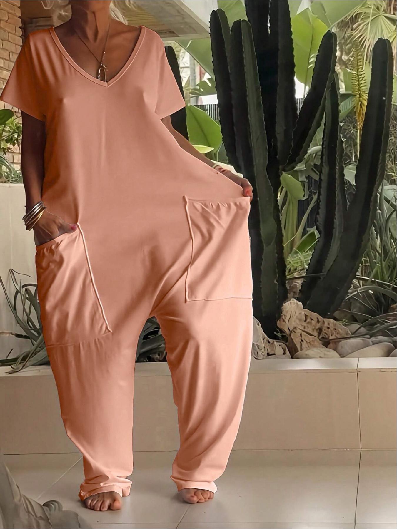 1/2/3 pcs Oversized Women's Harem Jumpsuit, Bohemian Style One-Piece with Side Pockets, Basic Casual Fashion Womenswear for All-season 2026
