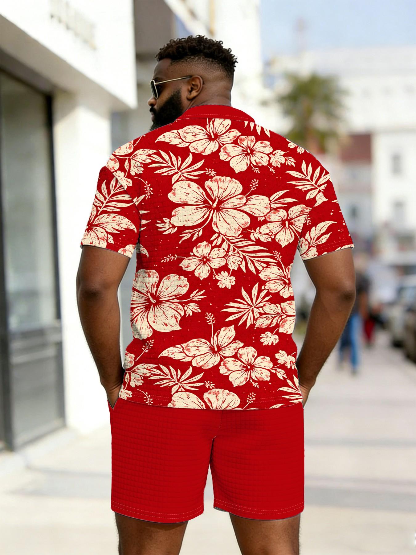 Men's Base Vintage Jasmine Print Waffle Texture Polo Set, Large Size Zipper Blouse, Summer Casual Breathable Beach Wear