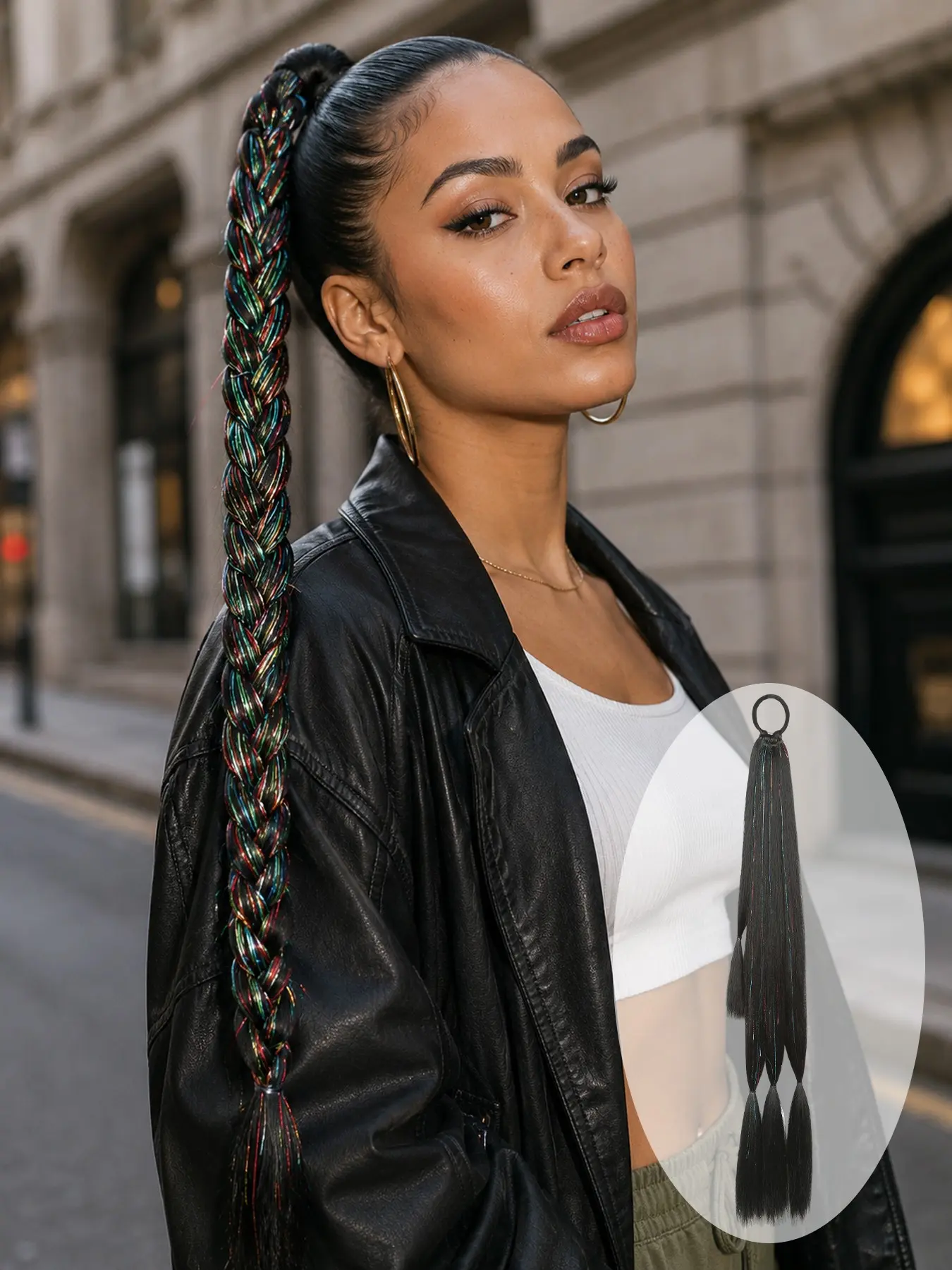 LEhan Synthetic Braided Ponytail Extender, Boxing Braid Hair Tie, 26、30、34 Inches, Colorful Ombre, DIY Daily Wear, Long Straight Wig Accessory, Braided Ponytail Extension