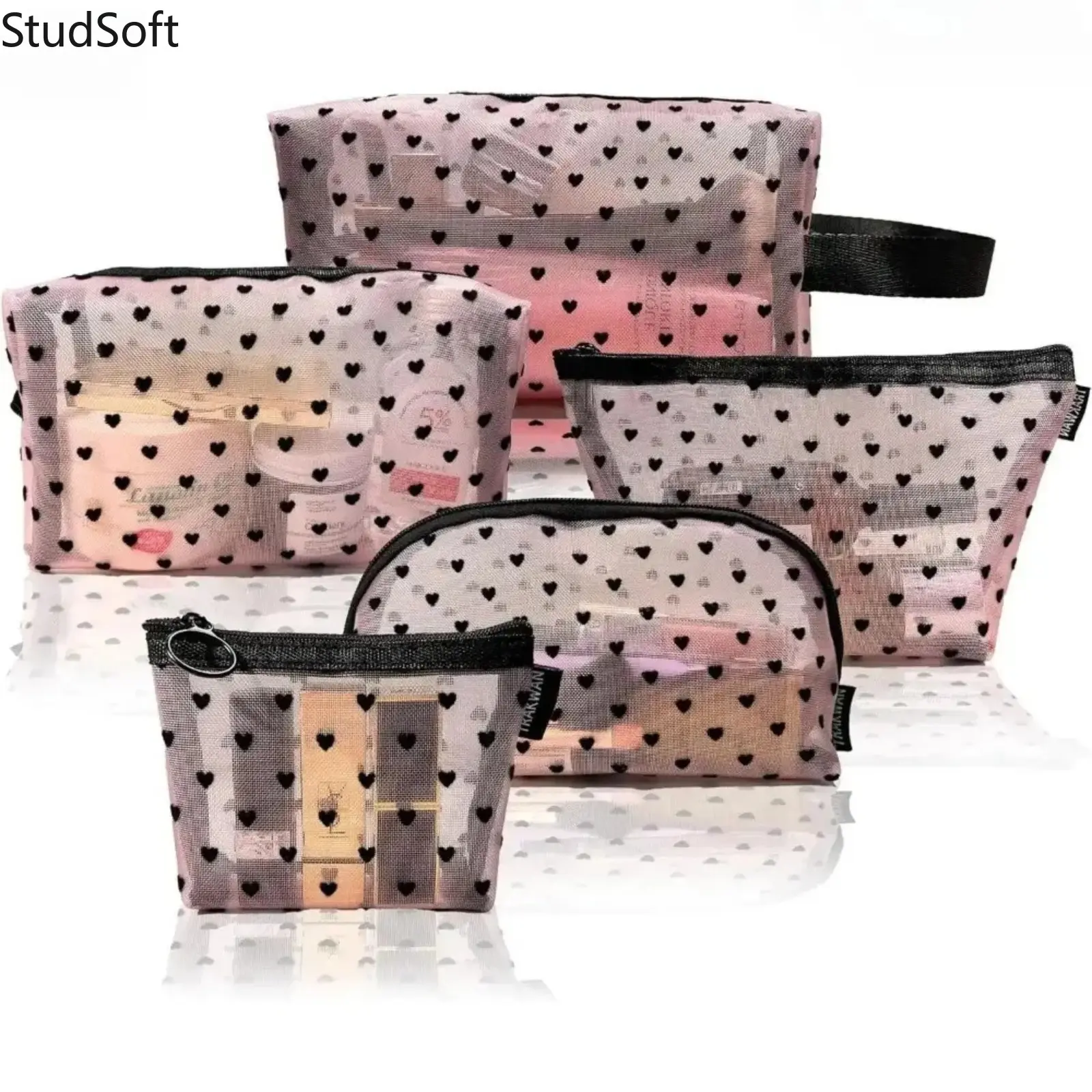 5-Pack Mesh Makeup Bag Set Polyester Nylon Coin Purse Foldable Breathable Fast Open Zipper Cosmetic Organizer High Capacity Pouch for Travel Gym