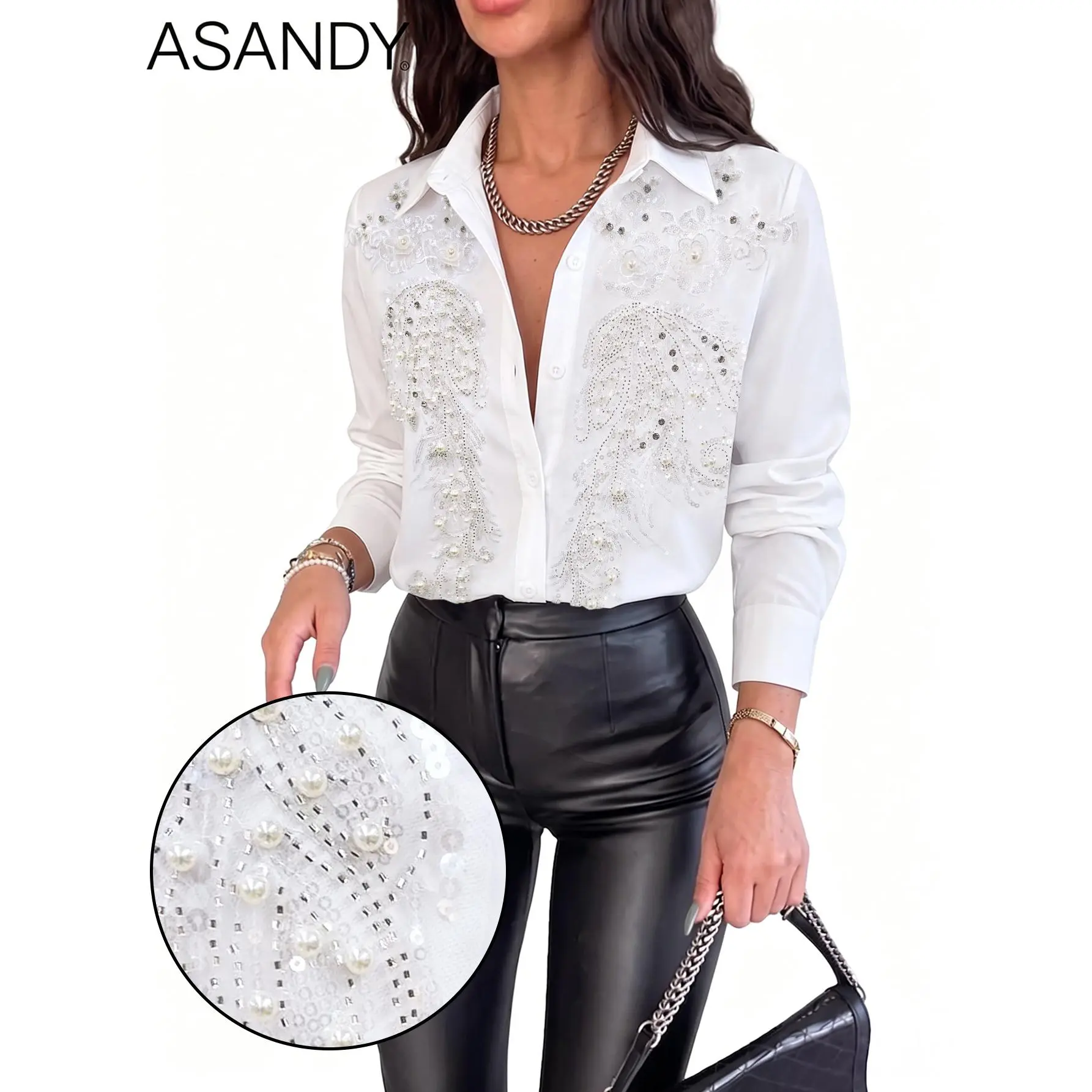 ASANDY White Oversized Long Sleeve Button Down Shirt 3D Floral Pearl Rhinestone Peacock Feather Applique Blouse Elegant Dressy Top Free Camisole Gift Office Party Evening Club Business Casual Daily Layering Outfit
