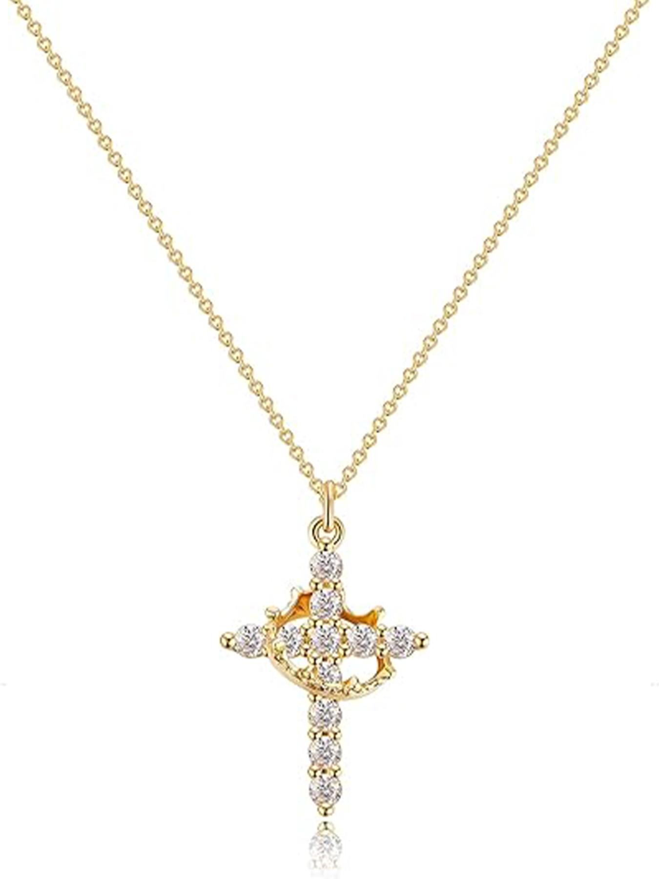 Women's Crown Cross Necklace, Christian Faith Jewelry Gift, Elegant Plain Design, Alloy Chain, All Seasons Wear, No Choking Hazard