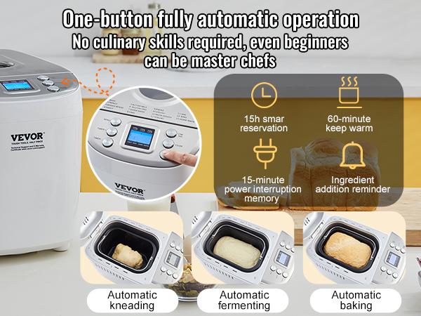 VEVOR Bread Maker, 15-in-1 3LB Dough Machine, Nonstick Ceramic Pan Automatic Breadmaker with Gluten Free Setting, Whole Wheat Bread Making, Digital, Programmable, 3 Loaf Sizes, 3 Crust Colors, White