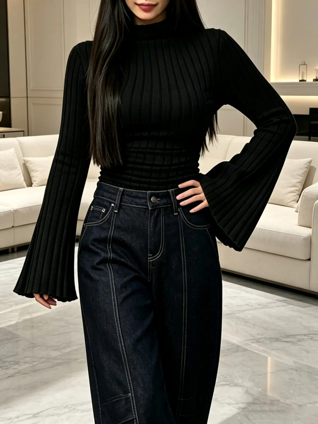 Women's High Neck Vertical Stripe Knit Waist Blazer Sleeve Top, Half-Neck Retro Slim Fit Innerwear, Elastic Knit Fall Winter Layering Shirt