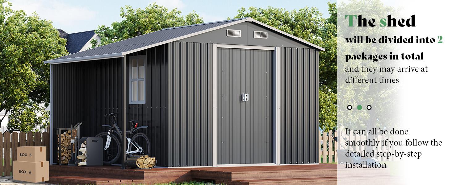 [Ships in Multiple Boxes]  VanAcc Outdoor Storage Shed with Two 4-Pane Windows Sliding Doors, Open Outdoor Shed for Wood Storage, Dark Grey/White