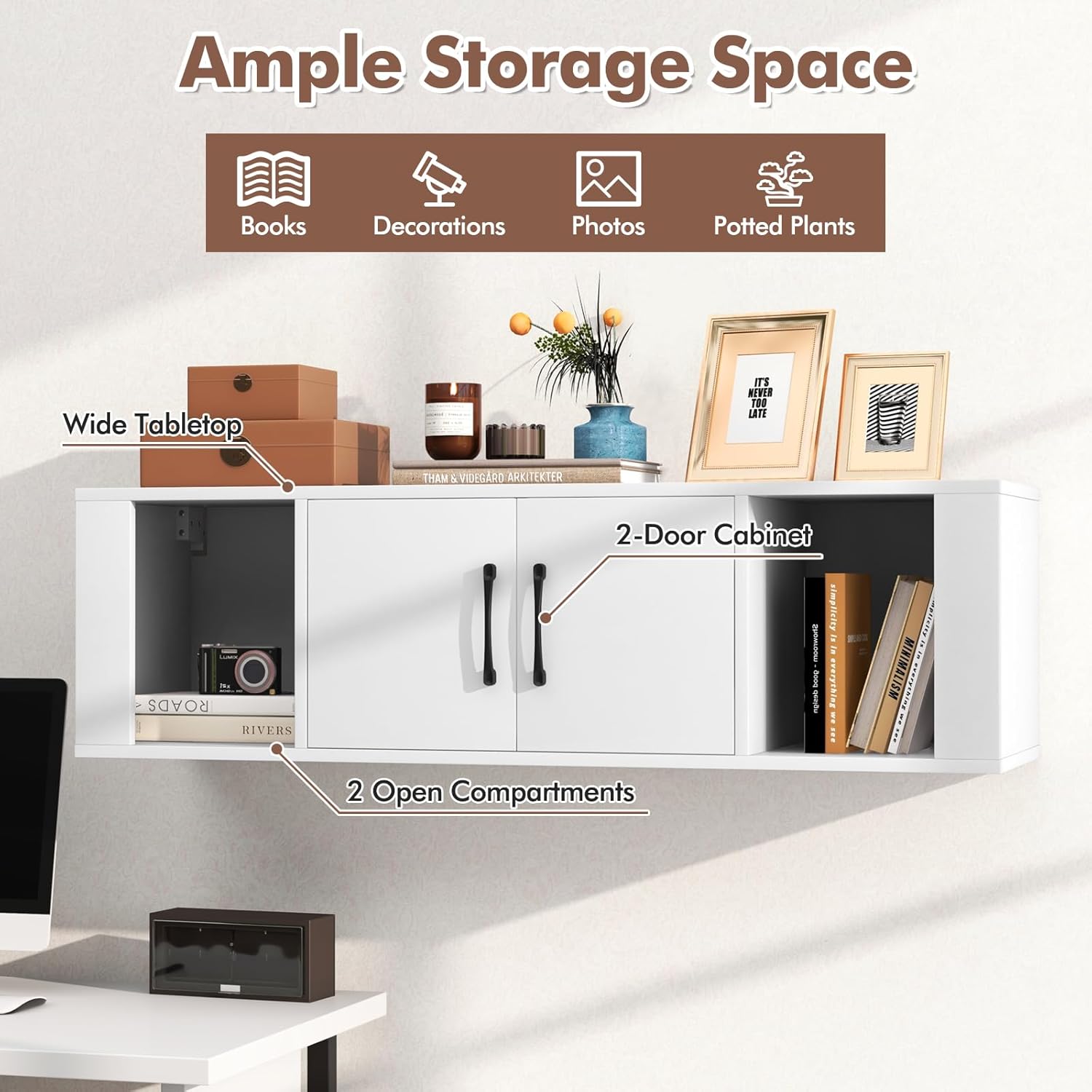 Wall Mounted Storage Cabinet 2 Cube Floating Media Hanging Desk W/2 Doors and 2 Open Shelves, Home Office Furniture for Kitchen, Bathroom, Living Room Floating Console Hutch (White)