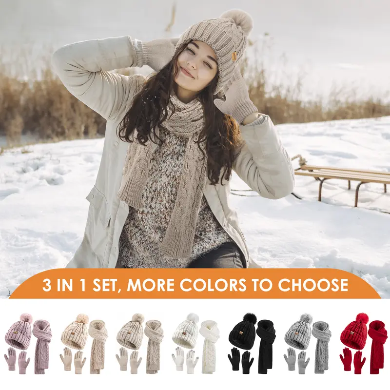 Winter Fleece Lined Beanie Scarf Gloves Set Thermal Plush Unisex Cozy Chic Warm Winter Beanie Hat Scarf Gloves Men Women Knit Set Sock  main image 2