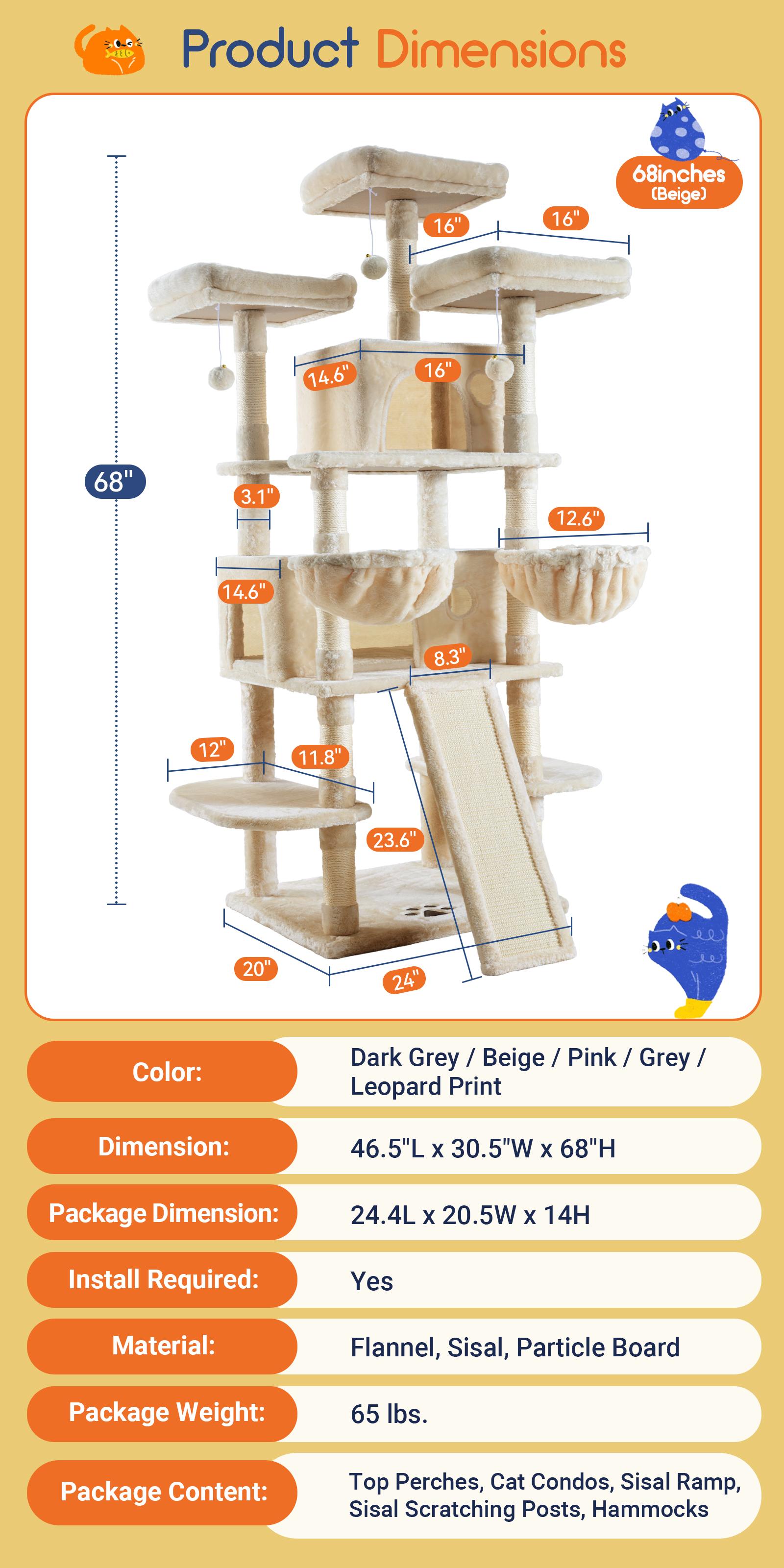 Allewie 36in/65in/68in  Multi-Level Tall Cat Tree for Indoor Cats/Larger Tower with Wide Base/Cozy Plush Cat Perches/Cat Condo with Hammock/Sisal Scratching Posts#TikTokShopfalldealsforyou