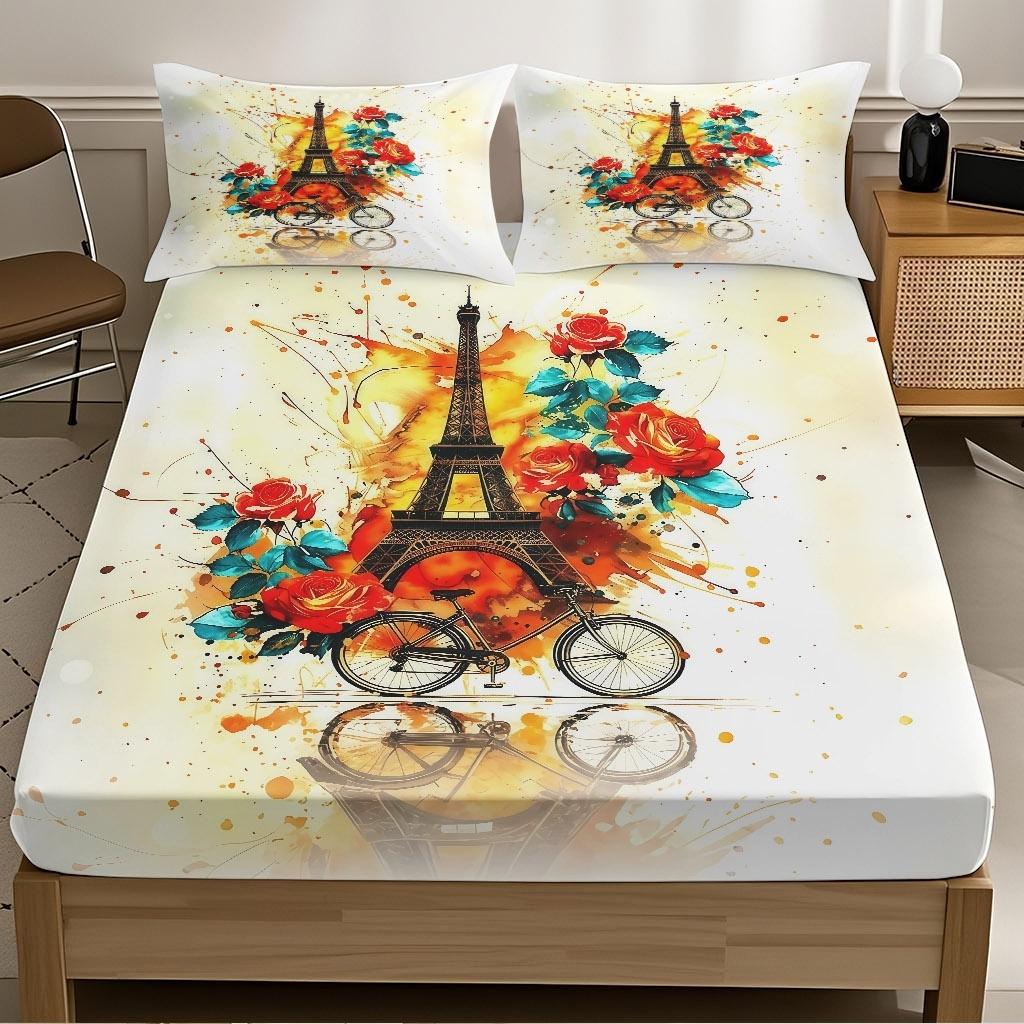 2/3 Pcs Paris Tower And Rose Pattern-themed Luxury Fitted Sheet Set(1*Fitted Sheet+1/2*pillowcase,no Filling)Skin-friendly Soft Digital Printed Bedding Set,suitable For New Year,festival Gifts For Family.suitable For All Year Round,machine Washable.