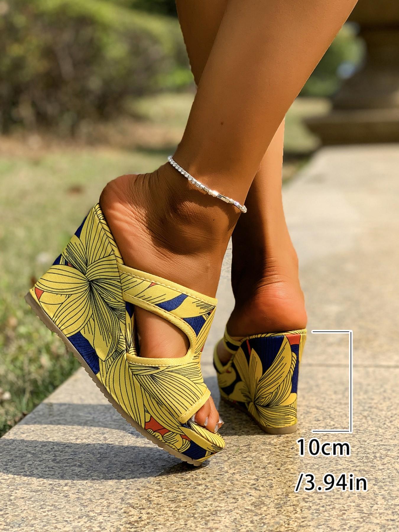 Summer 2026 New Fish Mouth Thick Sole Wedge Sandals, Hollow Out Print Slip-On Big Size Cool Slippers, Sexy Heeled High-Heel Shoes