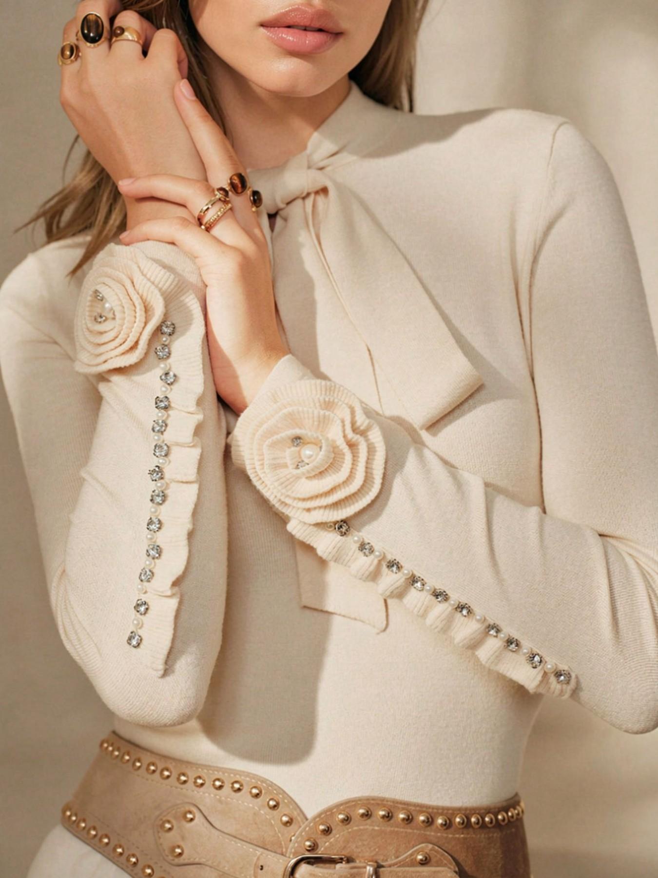 Women's Fall Winter Christmas, Thanksgiving Dress Up, High-End Bow Tie Rhinestone 3D Flower Sweater, New Year Style