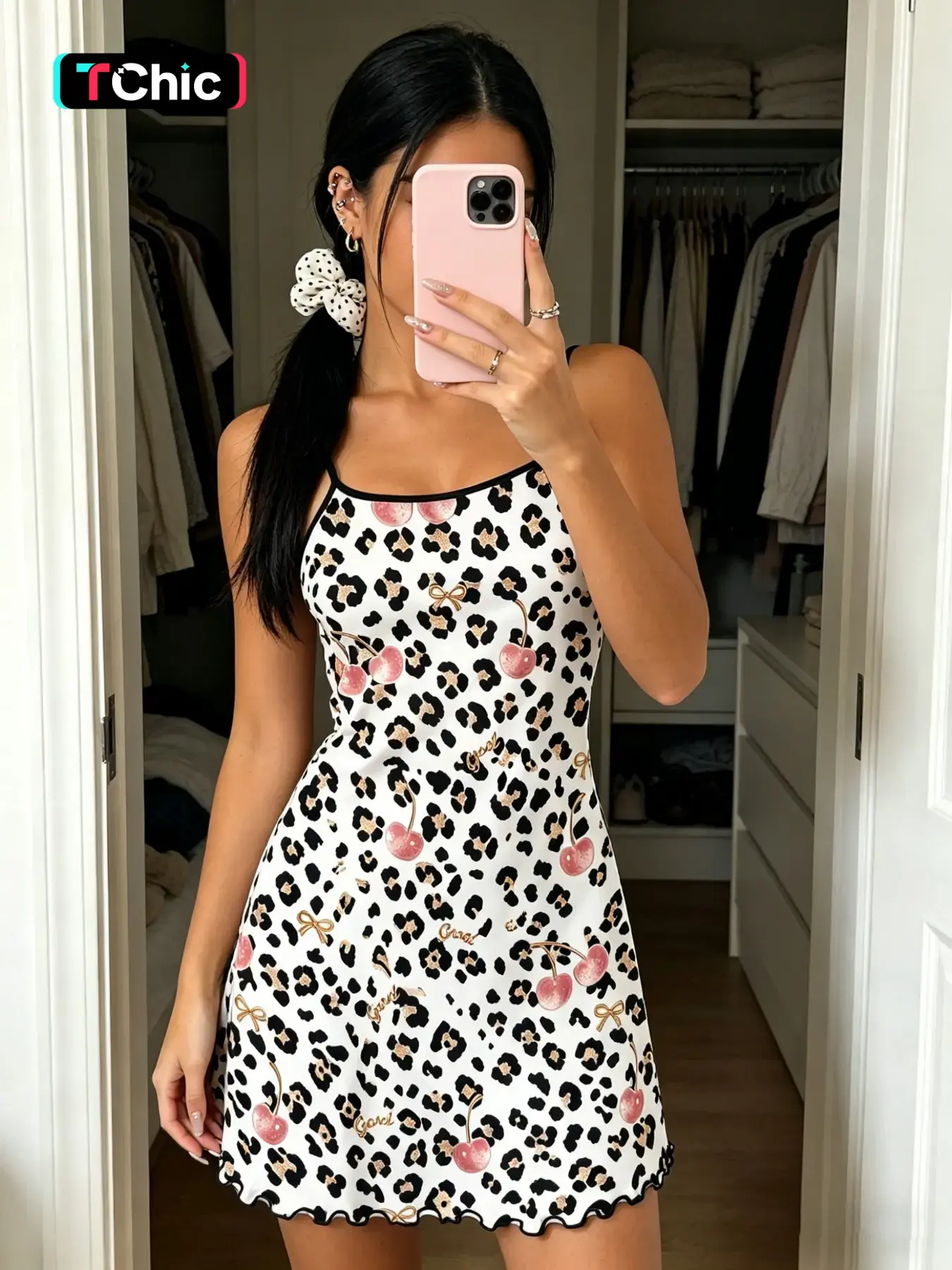 Leopard Print Cherry Nightdress, Sleeveless H-Type Slim Fit, Breathable Casual Sleepwear Loungewear, All-Over Print Design, Home Wear