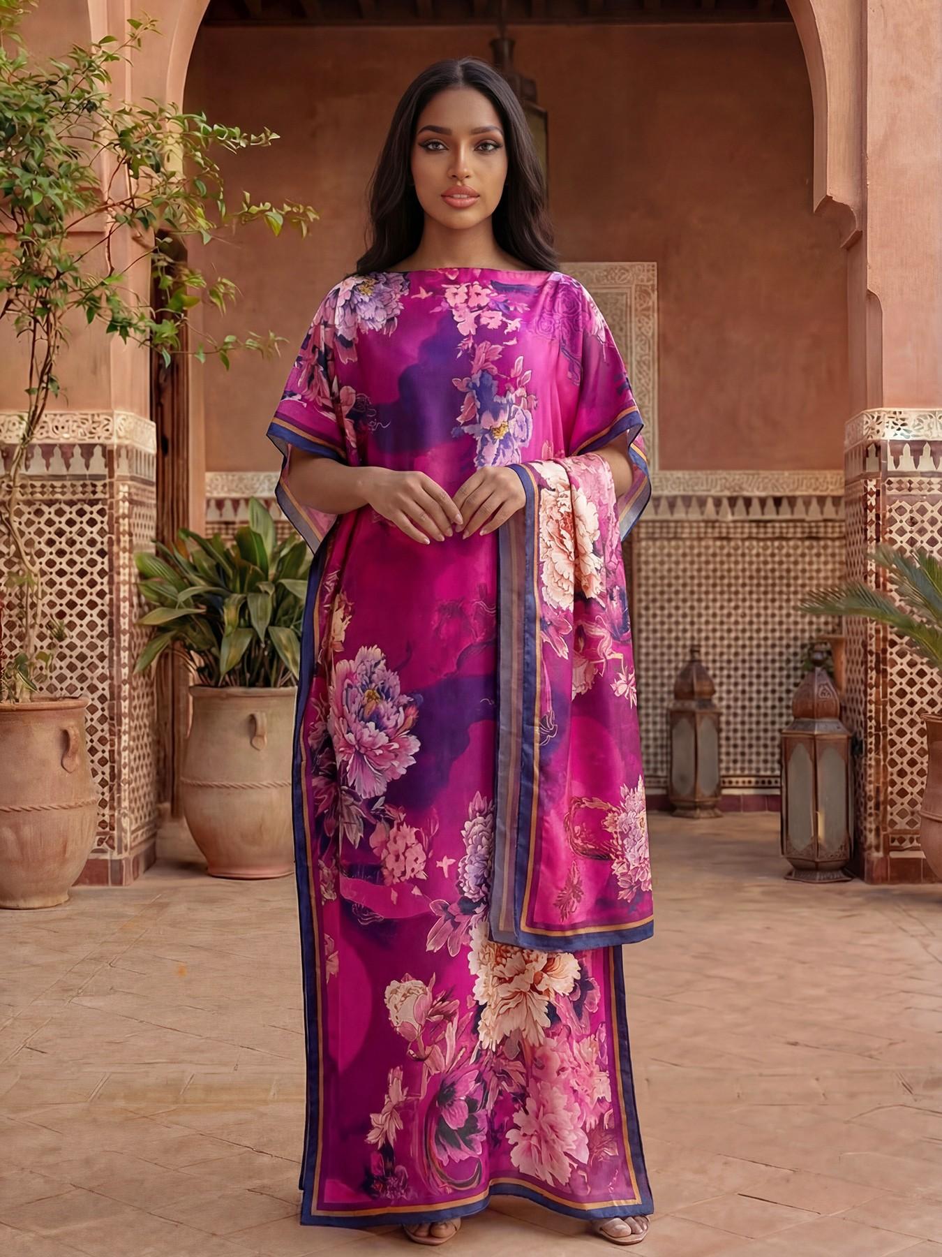 Women's Spring Summer Floral Pattern Robe & Thin Loose Fit Shawl Set, Casual Beach Sun Protection Satin Scarf