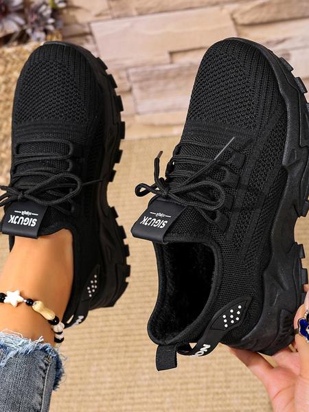 High-Quality Women's Breathable Knit Fleece Lined Sneakers, Winter Fashion Casual Lightweight Soft Sole Walking Shoes, Outdoor Comfort Low Top Running Shoes, Knitted Running Shoes