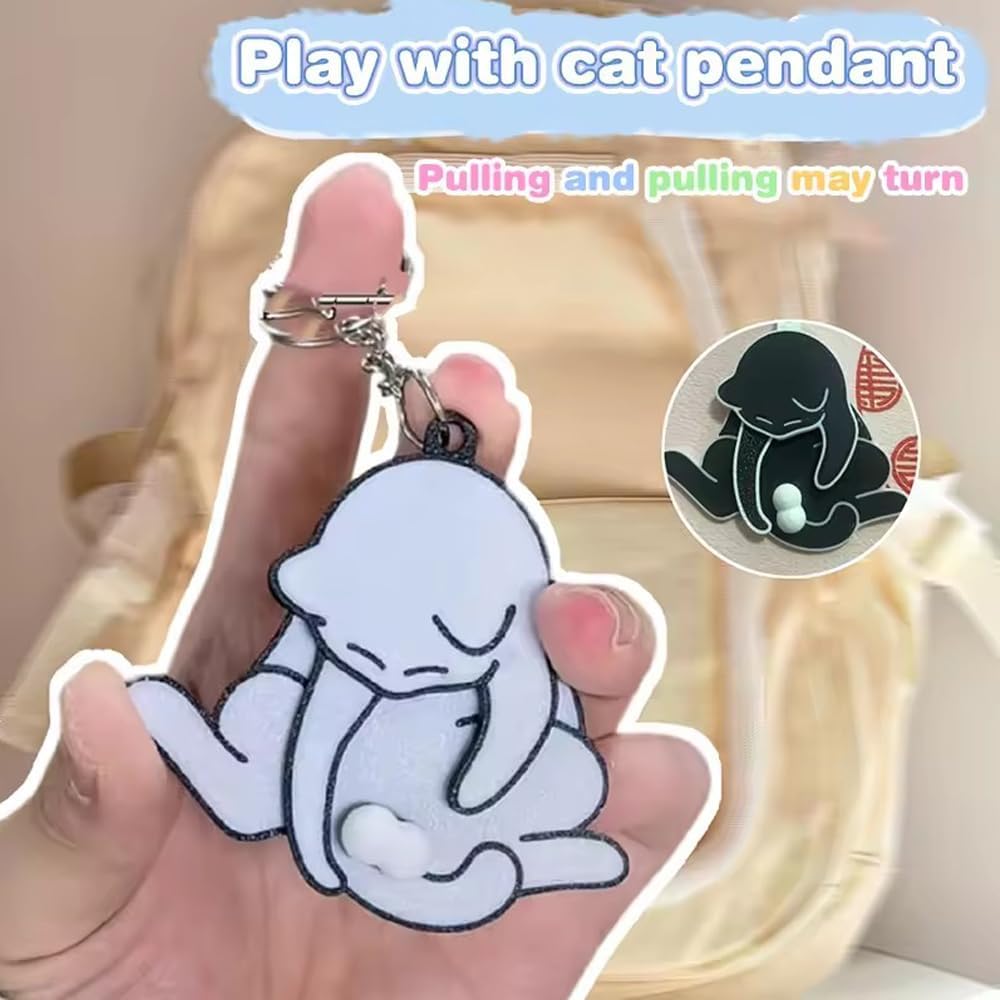 Creative Pull Egg Cat Keychain Pendant, Prank Cat Interactive Keychain, Rotatable Acrylic Bag Pendant, Fun and Unique Accessory, Cute Keychain, Silent Fidget Keychain