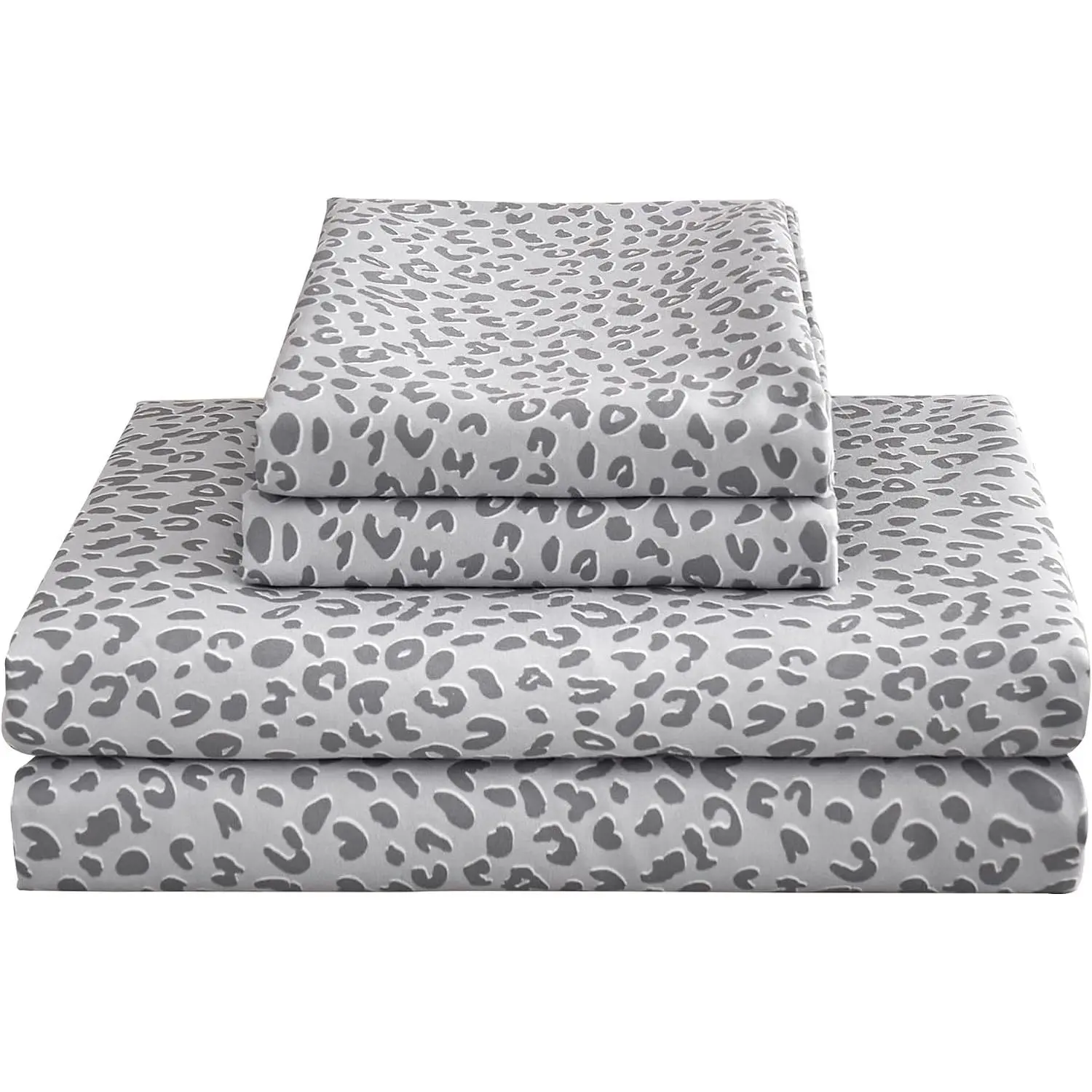 Leopard Printed Full Bed Sheets, Soft Microfiber Bedding Sheets & Pillowcases, Deep Non-Slip Fitted Full Sheet, Silver Grey Animal Pattern Bedsheets