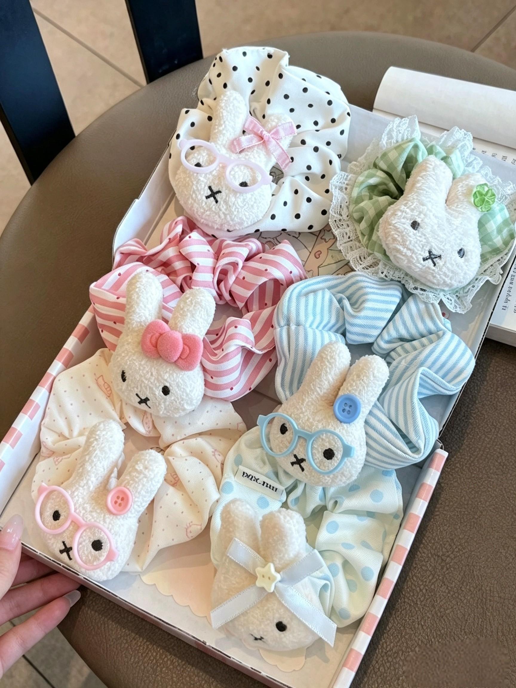 6pcs Easter Day Hair Scrunchies Bowknot, Candy Color Rabbit Hair Ties, Elastic Bands for Thick Curly Hair, Ponytail Holders for Women Men