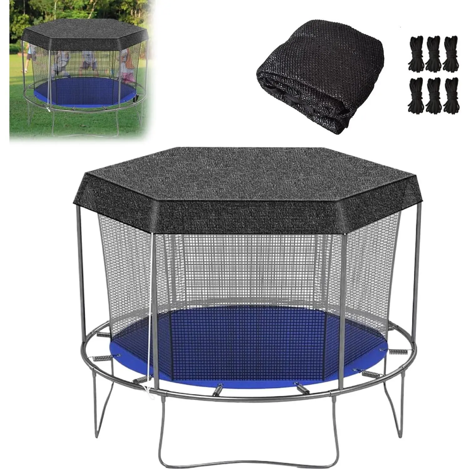 Outdoor Trampoline Shade Cover, 8ft/10ft/12ft/14ft Optional with 6 Poles, UV Protection Windproof Full Sun Protection Shade Cover with Mesh Net for Outdoor Trampoline