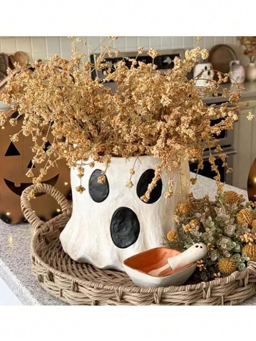 Vintage Textured Ghost Vase, Halloween Decor Ghost Shaped Dried Flower Pot, Multi-Occasion Table Centerpiece Decor For Holiday Party Housewarming Gift, Unique Spooky Ghost Planter For Living Room Kitchen Countertop