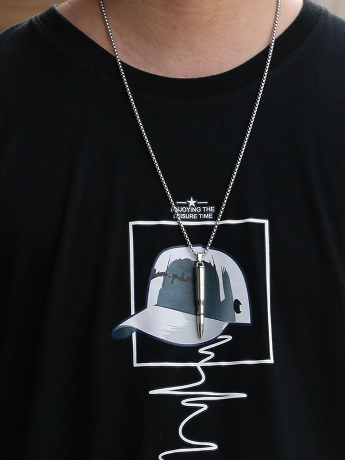 Cf Bullet Necklace Titanium Steel Pendant, Military Enthusiast Accessory, Hypoallergenic, Anti-Oxidation, Stackable, Hip Hop Streetwear