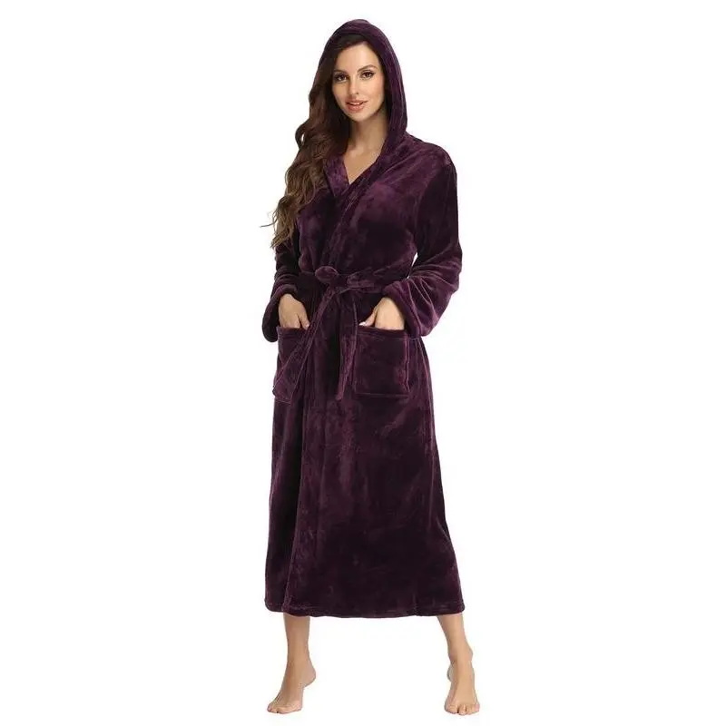 Women's Plush Fleece Hooded Bathrobe Thick Nightgown with Pockets Fluffy Warm Soft Cloud-Like Snug Fit Sleepwear Pajamas