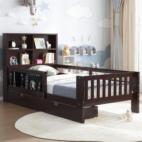 [Bellemave]Twin Platform Bed with Chalkboard,Solid Wood Platform Bed with Storage Drawers and Shelves,Childlike Fun and Space-saving Design