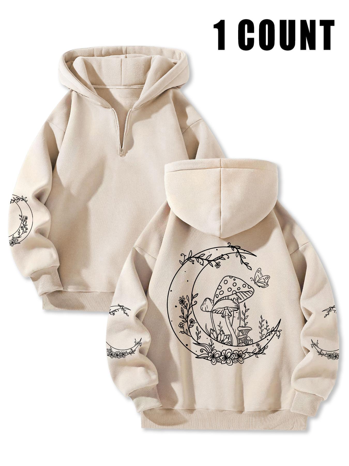 Women's Moon & Mushroom Print Drop Shoulder Hoodie, Casual Trendy Long Sleeve Hooded Sweatshirt for Daily Wear, Ladies Clothes for Fall & Winter