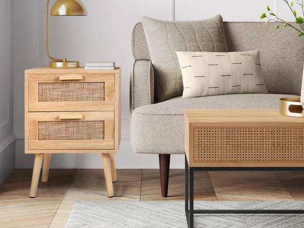 VOWNER Rattan Nightstand, End Table with 2 Drawers and Solid Wood Legs, Side Table with Storage for Bedroom, Easy Assembly Night Stand for Kids Room