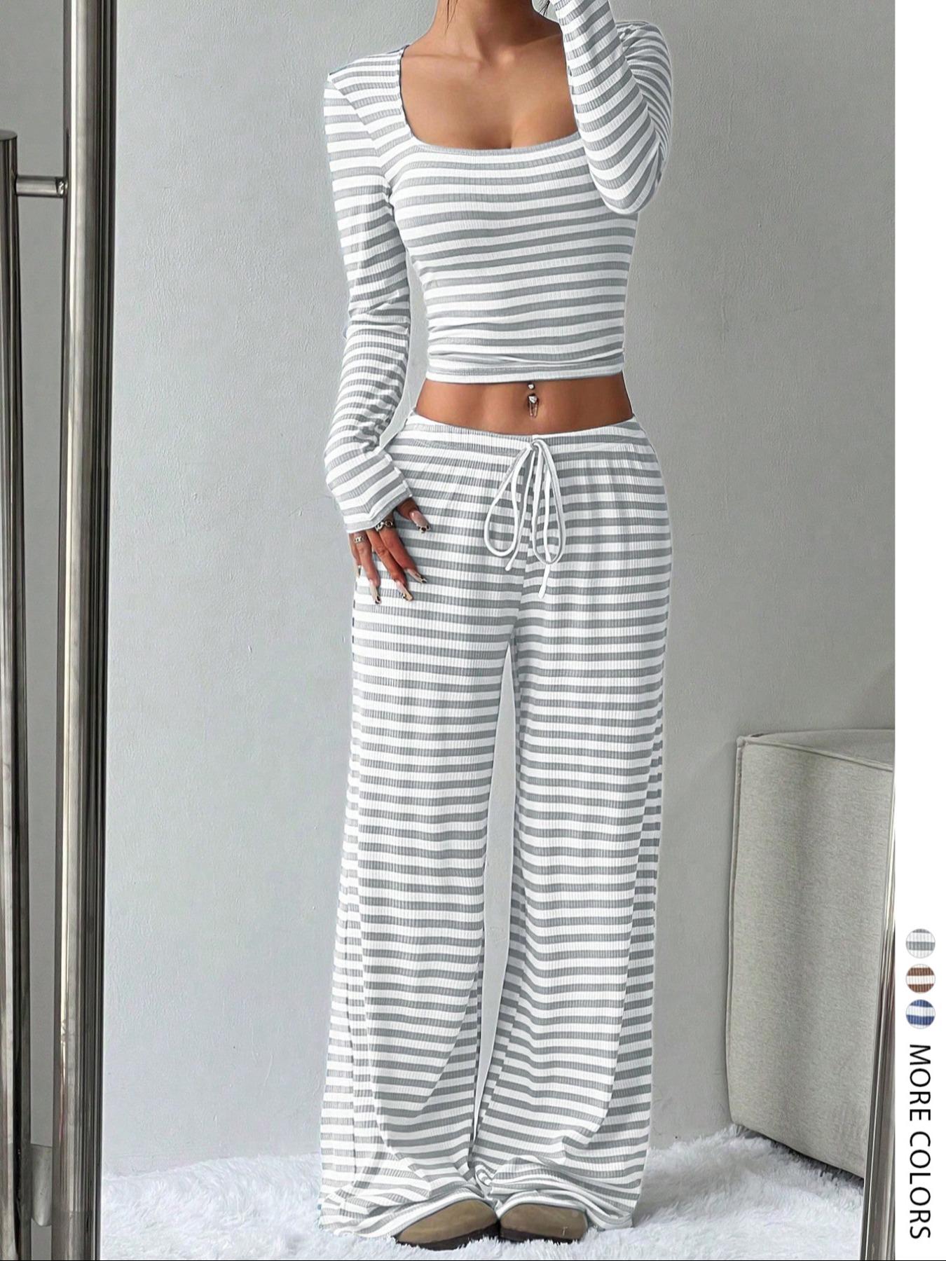 Women's Casual Striped Colorblock U-Neck Crop Pullover Sweater with Waist Rope Decorative Long Pants Two-Piece Set for Daily Wear,Airport Outfit