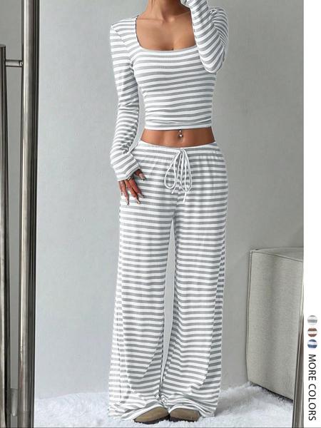 Women's Casual Striped Colorblock U-Neck Pullover Sweater with Waist Rope Decorative Long Pants Two-Piece Set for Daily Wear,Airport Outfit